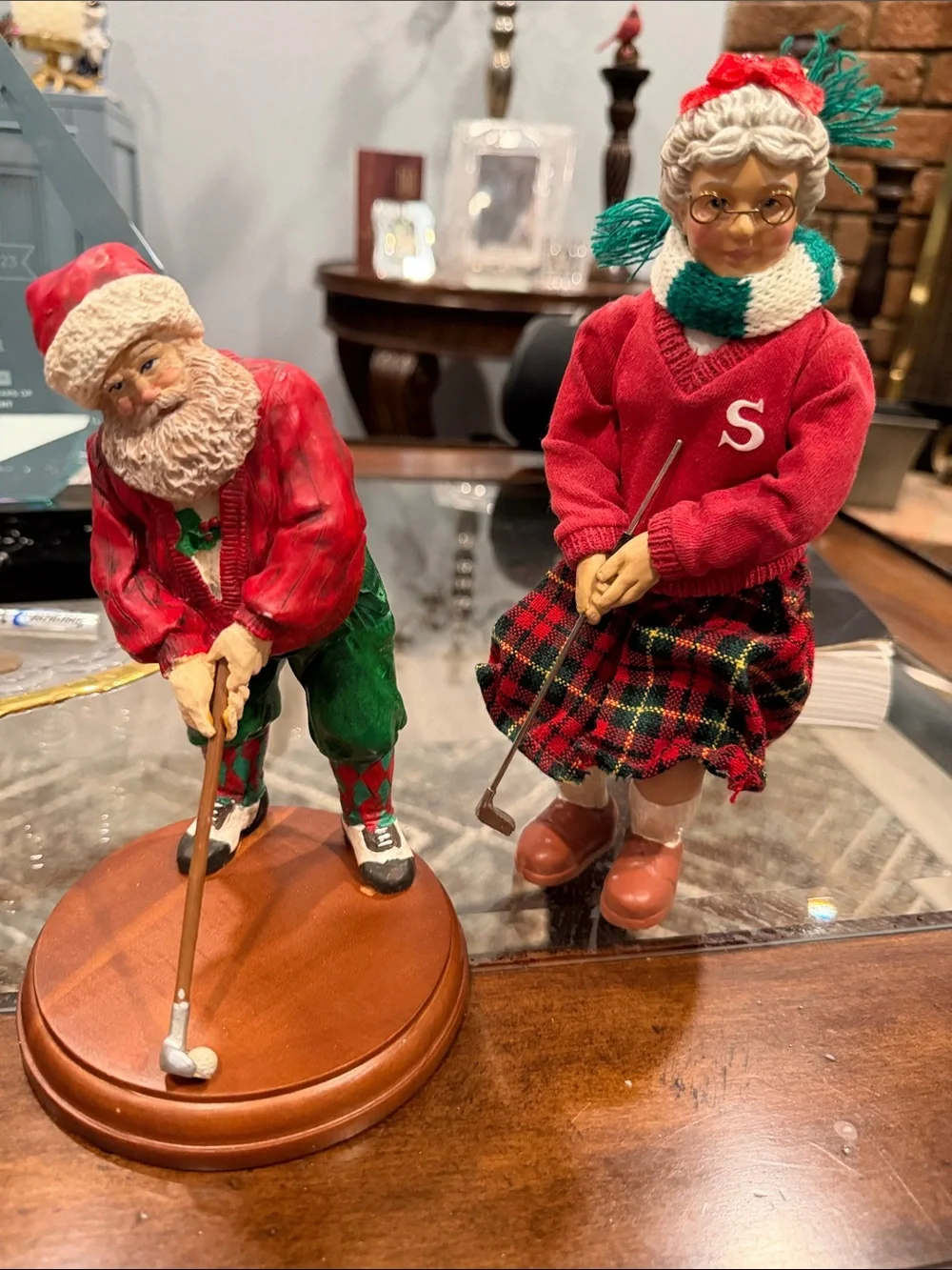 Russ Holiday Golfing Santa & Mrs. Claus Figurines in Red, Green, Plaid